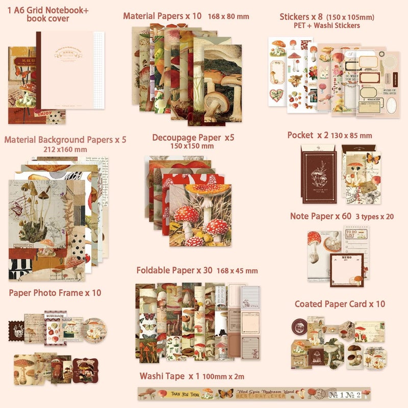 emmoolife Scrapbooking Supplies Kit, Vintage Mushroom Aesthetic Scrapbook Kit for Bullet Junk Journal, Stationery, A6 Grid Notebook, DIY Journaling Supplies, Birthday Craft Gift for Teen Girl Women - Image 2